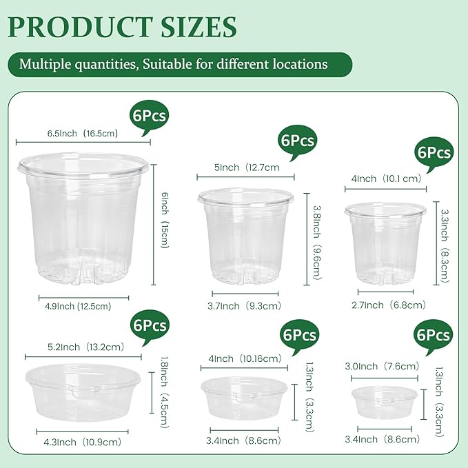 18 Pack 6.5/5/4 Inch Clear Self Watering Plant Pots with Bottom Water Tray &amp Watering Rope Transparent Nursery Pots with Drainage for Seedlings Herbs and Houseplants