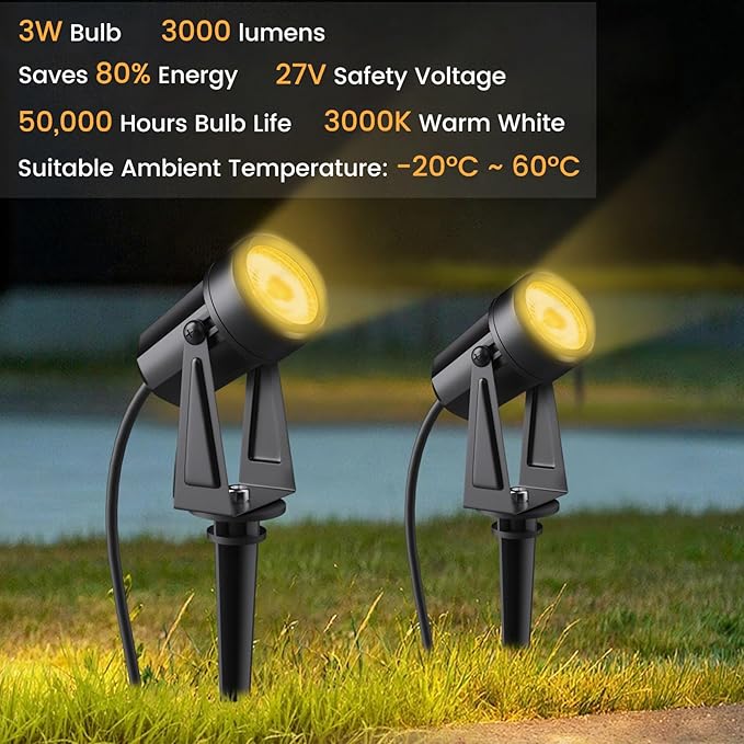 Low Voltage Landscape Lighting10 Pack Outdoor LED Landscape Spotlights with Transformer 27V Garden Lights Pathway Lights IP65 Waterproof 3000K Warm White