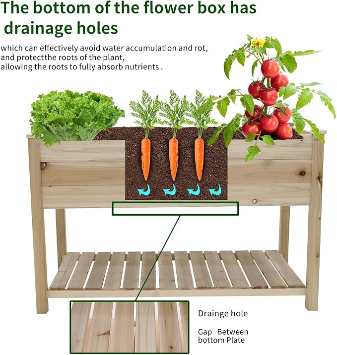 Raised Garden Bed Planter Box with Legs Storage Shelf Wooden Elevated Vegetable Growing Bed for FlowerHerbBackyardPatioBalcony 48.5x30x24.4in(colourless)