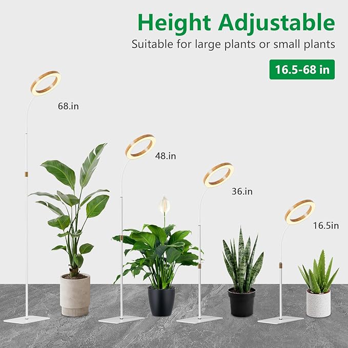 One Head Grow Light for Indoor Plants Full Spectrum - Floor Standing Plant Lamp with Auto Timer 6/12/18H 5-Level Dimmable &amp Adjustable Height 16.5-68in for Large Tall Plants |Faux Wood Design