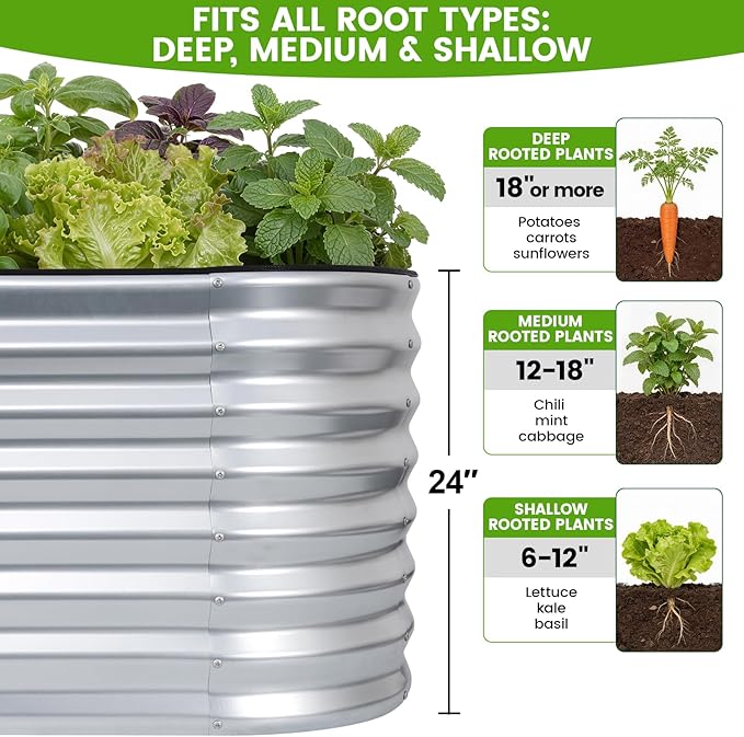 Galvanized Raised Garden Bed Outdoor 24'' Deep | Oval Metal Garden Beds with Easy Assembly &amp Planter Box for Planting Deep Root Vegetables Fruits Flowers 4x2x2ft Silver