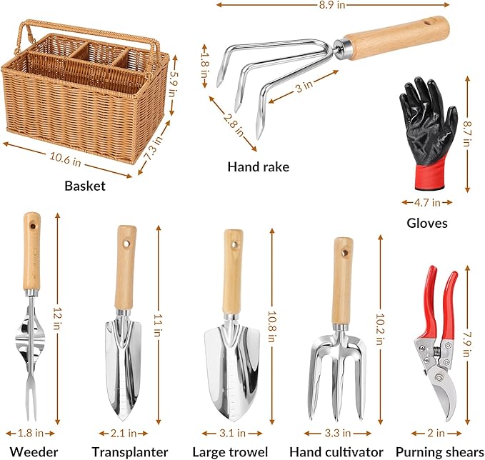 SOLIGT Garden Tools Set with Basket Heavy Duty Stainless Steel Gardening Hand Tool with Wood Handle Pruning Shears Gloves - Perfect Gardening Gifts Planting Supplies for Women Men