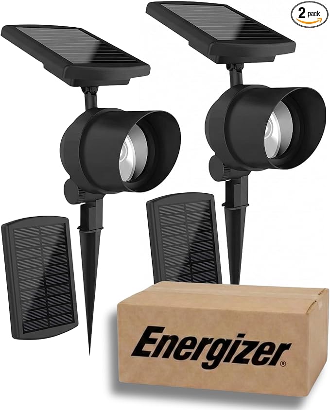 Energizer Solar-Powered Spot Light for House - 2 Pack 45 Lumen Die-Cast Aluminum IP65 Waterproof &amp Weatherproof LED Solar Lights for Outside Lighting with Cool White Light Uplights for Trees