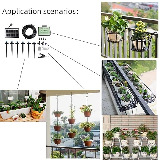 Fockety Drip Irrigation System Solar Automatic Drip Irrigation Kit with Timer Rainwater Collector and Adjustable Nozzle Automatic Watering System for Plants Indoor Outdoor (Black)