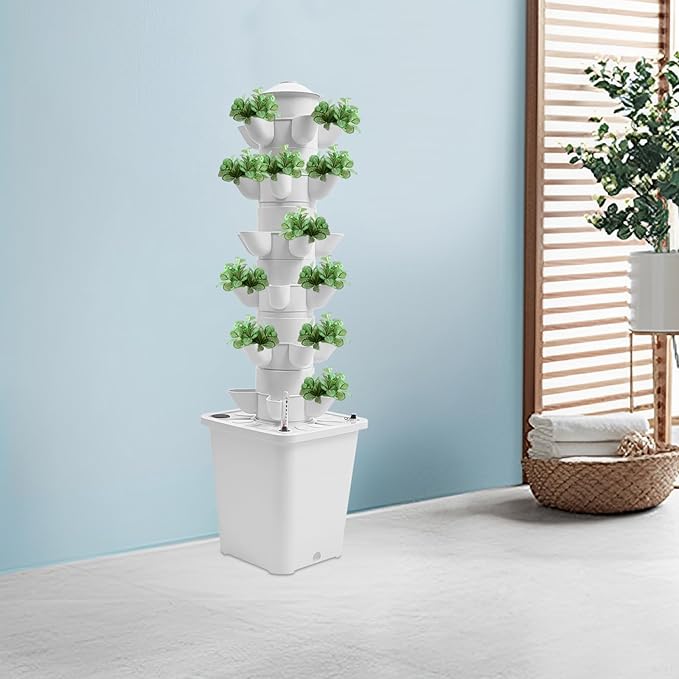 Hydroponic Growing System 6-Tier 30 Site Vertical Tower with Water Pump White Indoor Garden Kit 2.6 Gallon Reservoir Space Saving Planter for Fruits and Vegetables
