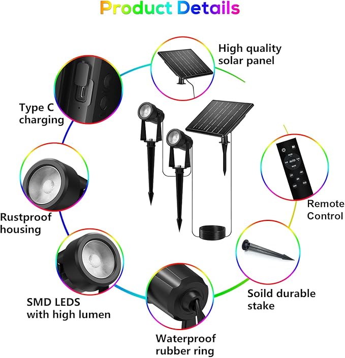 ZYAN Solar Color Changing RGB Spotlights with Remote 12000mAh Separate Monocrystalline Panels &amp USB-C Powered Auto On Off Outdoor IP65 Waterproof for Patio Yard Path (100 Lumens × 8 Pack)