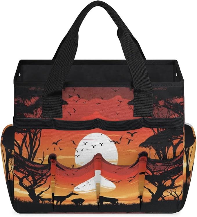 Deer Bird Tree Sunset Silhouette Garden Tool Bag Waterproof Garden Tool Storage Bag Heavy Duty Oxford Gardening Tool Bag with Handle &amp 10 Pockets for Men Women Outdoor Garden Lawn Yard