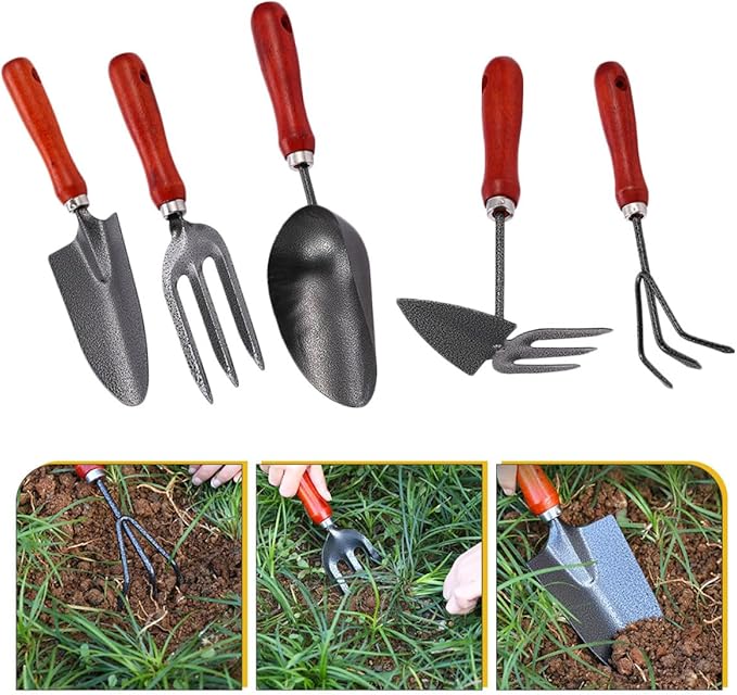 5pcs Gardening Tool Set with Shovel and Rake Metal Handled Hand Tools for Flower Planting and Soil Loosening Suitable for Home Vegetable and Flower Gardening