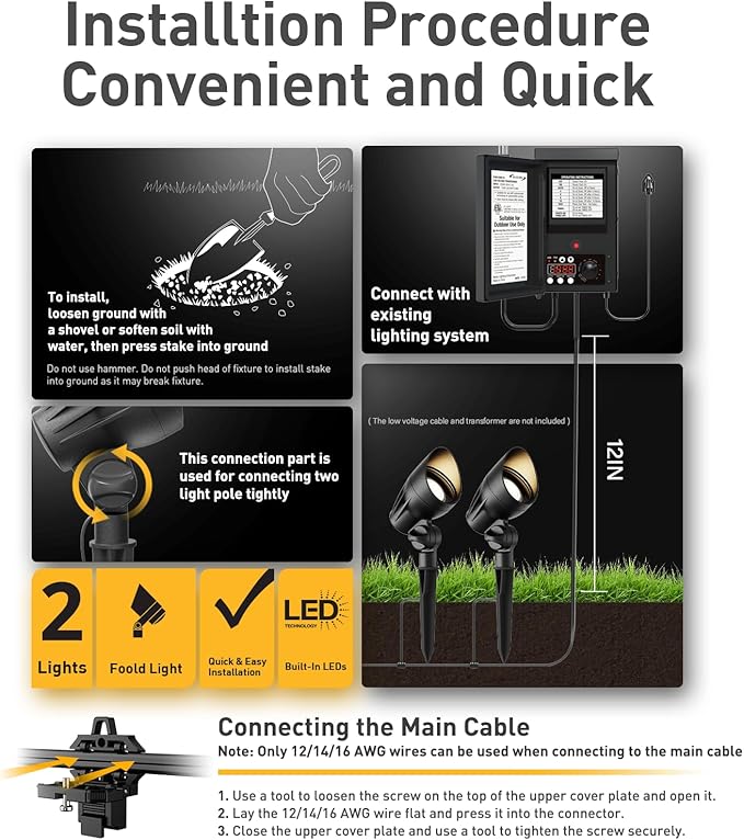 GOLDEN STAR Low Voltage Landscape Lights 5W 400 Lumen 2700K Warm White Outdoor LED Spotlights 12V Flood Lighting with Connector and Stake 8401-2650-G02