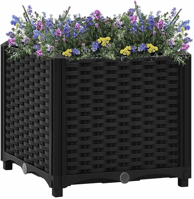 Modern Black Square Planter Box 15.7 x 15.7 x 15 in Heavy-Duty PP Garden Pot for Patio Balcony Herb &amp Flower Outdoor Use