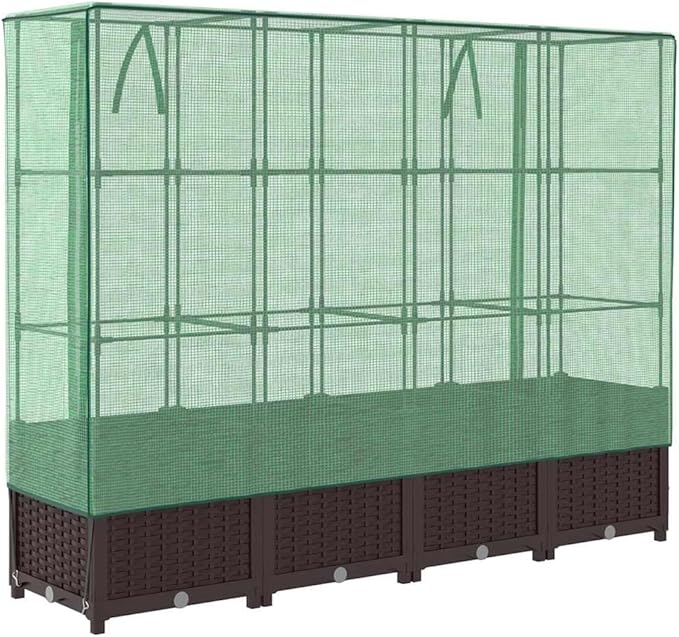 Raised Garden Bed Brown Polypropylene Iron Polyethylene 63 Large Planter Box with Greenhouse Cover Outdoor Elevated Planters for Vegetables Herbs Flowers