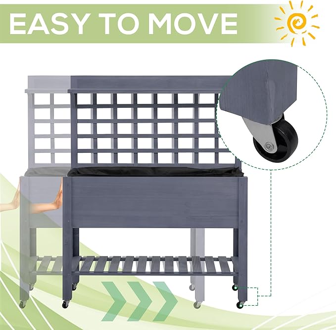 41 Raised Garden Bed with Trellis on Wheels Wooden Elevated Planter Box with Legs and Bed Liner for Flowers Herbs Vegetables Gray