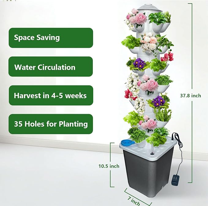 35 Pots Hydroponic Tower Hydroponics Growing System Tower Vertical Tower Planter Pump Tower with Timer Automatic Watering Irrigation Pump and Movable Water Tank for Hydroponic Lovers Grey