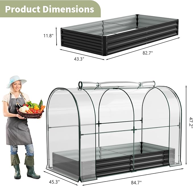 SUNYRISY Galvanized Raised Garden Bed with Greenhouse Outdoor Metal Planter Box Kit with Bed Cover Garden Box Protection for Gardening Vegetables Flowers Herbs Planting Black