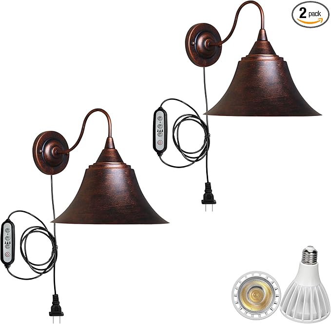 2-Pack Hook Mounted Plant Light Full Spectrum 6000K 25W White Light Timing Plug in Cord Industrial Style Rust Wall Lamp for Indoor Plants Flowers Growing