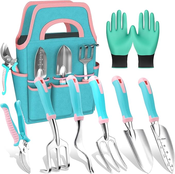 MelonArt Garden Tool Set8 Pcs Gardening Hand Tool Starter Kit for Women Heavy Duty Outdoor Tool Kit Aluminum Alloy with Non Slip Ergonomic Handle Ideal Gifts for Women and Men Green&ampPink