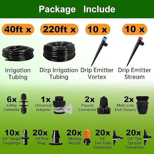 260 FT Drip Irrigation System Kit Automatic Garden Watering System with 2/5 &amp 1/4 Tube for Greenhouse Lawn Raised Bed Micro Misting Plant Sprinkler System Adjustable Drip Emitters