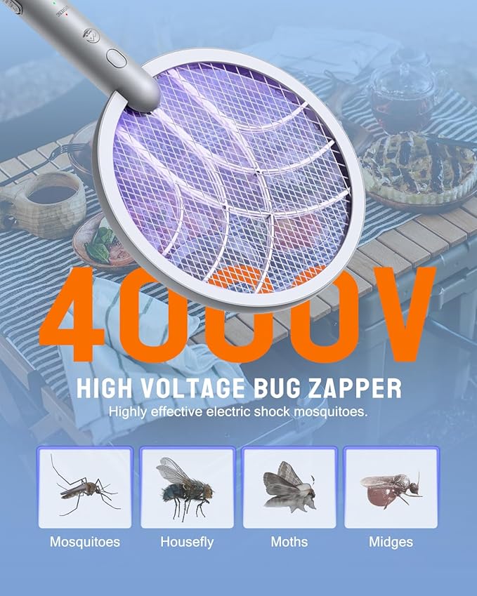 Electric Fly Swatter Racket 4000V Bug Zapper with 1800mah Rechargeable Battery &amp Dual Modes 2 in 1 Purple Mosquito Light Killer with 3-Layer Safety Mesh for Indoor Home Patio Camp(1 Pack)