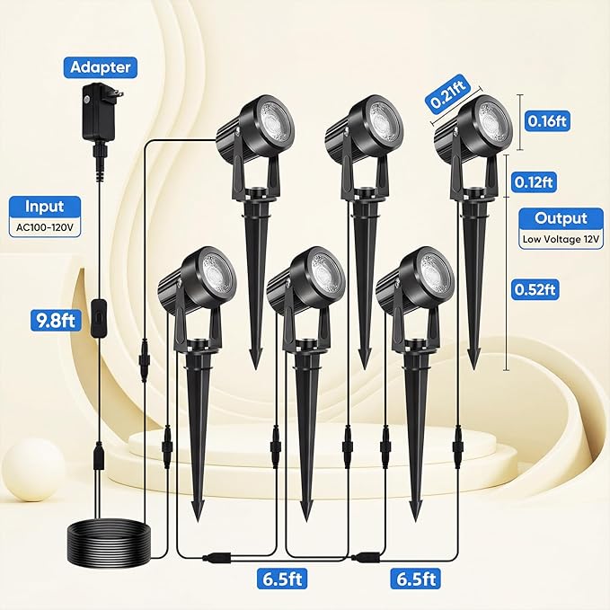 6W Low Voltage Landscape Spot Lights 12V/24V 3000K Warm White IP65 Waterproof Outdoor Uplights with Connectors 600LM Aluminum LED Garden Path Tree Wall Lighting 4 Pack