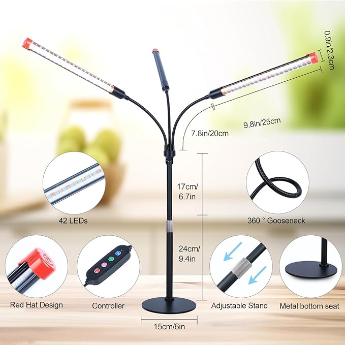 FECiDA 2026 3Head Table Top Grow Lights for Seed Starting Indoor Plants Bonsai 27 Watt Power Draw NO Need Adapter 4/8/12/16/20H Timer 16-24 Height Adjustable