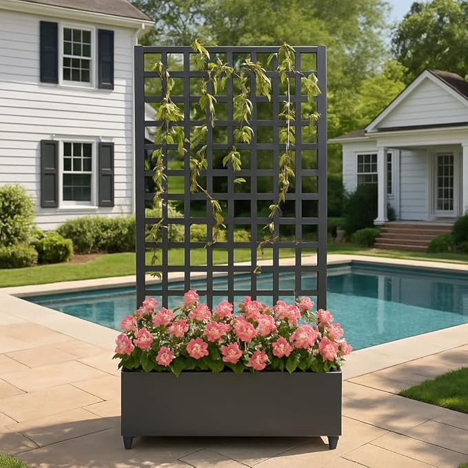 Metal Planter Box with Diamond Trellis 72X47 Galvanized Raised Garden Bed on Locking Wheels Deep Planter with Drainage for Climbing Plants Flowers Patio &amp Balcony Black