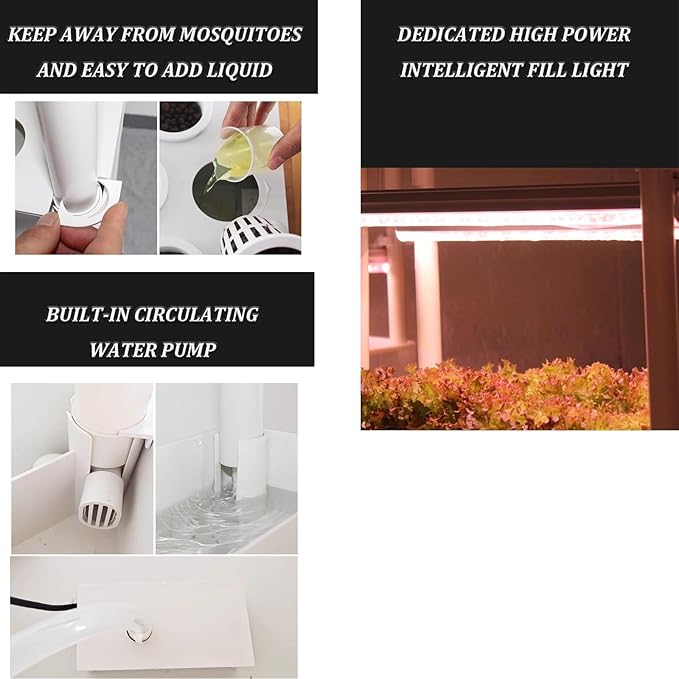 Hydroponics Tower with LED Grow LightIndoor Gardening SystemAeroponics Growing Kitfor Herbs Fruits and Vegetableswith Hydrating Pump Adapter Net Pots Timer.