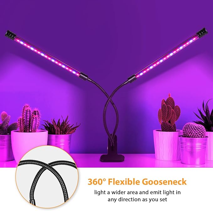 LED Grow Lights for Indoor Plants 40W Plant Growing Lamps Auto ON/Off with Red Blue Spectrum3Heads Adjustable Gooseneck with 4/8/12H Timer 5 Dimmable Brightness