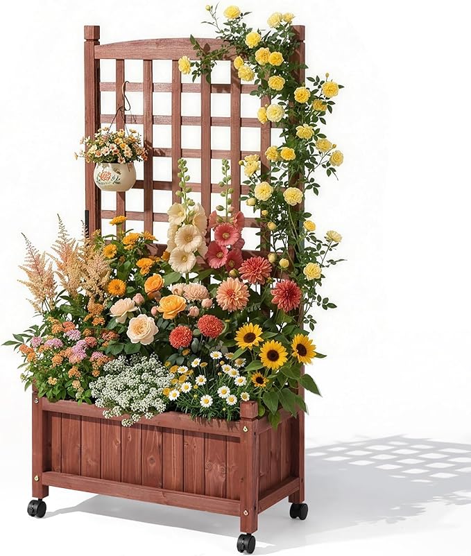 Outvita Mobile Wood Planter Box with Trellis &amp Locking Wheels Standing Raised Garden Bed with Drainage Holes for Outdoor Climbing Plants Vine Flowers Herbs (Cedar Brown)