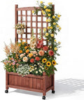 Outvita Mobile Wood Planter Box with Trellis &amp Locking Wheels Standing Raised Garden Bed with Drainage Holes for Outdoor Climbing Plants Vine Flowers Herbs (Cedar Brown)