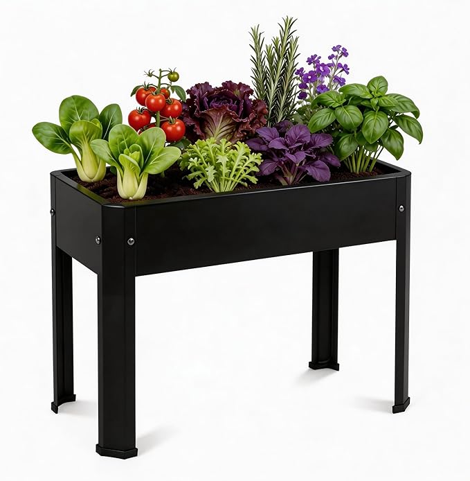 Raised Garden Bed with Legs 24×10.8×18 in Metal Elevated Raised Planter Box with Drainage Holes for Backyard Patio Balcony 80 lb Capacity - Black
