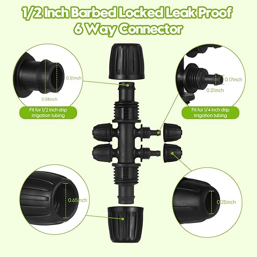 50 FT 1/2 Inch Drip Irrigation Tubing Kit-Drip Line Irrigation Hose 1/2 Inch with 1/2 to 1/4 Barbed Locked 6-Way &amp 1/2 Tee Connectors-Drip Tube Irrigation Fittings System Parts for Garden Water