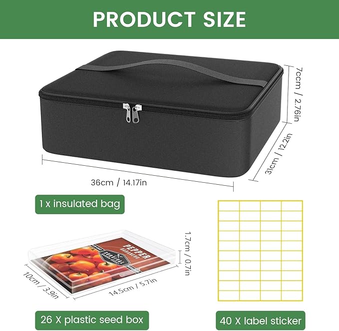 38 Slots Seed Storage Organizer Box with Insulated Bag That Holds 80-200 Seed Envelopes Oxford Cloth Garden Seed Containers with Labels Seed Packet Organizer for Plant Flower Vegetable Seeds
