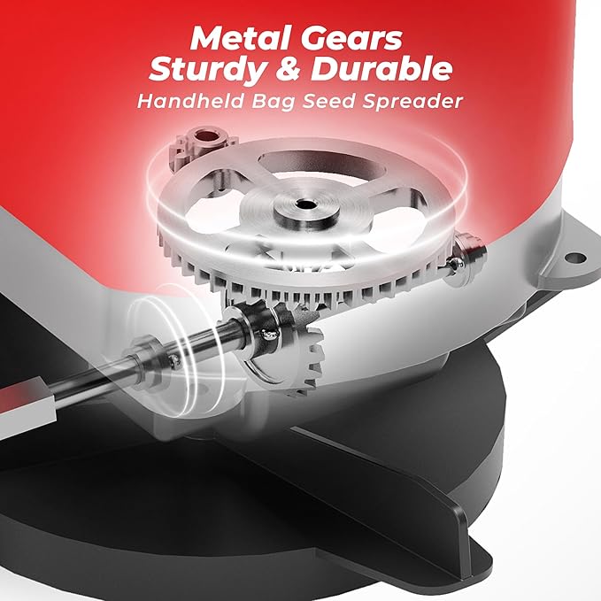 Walensee Handheld Seed Spreader with 25lb Bag Frame Support Flow Control Enclosed Gears Rear Baffle Adjustable Strap &amp Goggles – Bag Seeder for Lawn and Garden Red