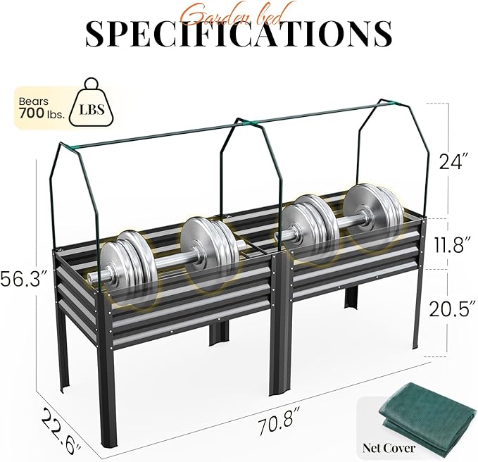 KING BIRD Large Raised Garden Bed with Netting Galvanized Elevated Planter Box with Legs 72×23×55 in for Backyard Patio Balcony 700lb Capacity Dark Grey