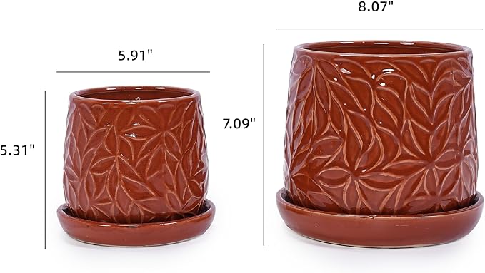 Handmade Ceramic Flower Pot with Leaf Pattern 6 8 Inch Diameter Rust Red Color for Orchids IndoorOutdoor Use on Windowsills Bookshelves Breathable Clay with Saucer