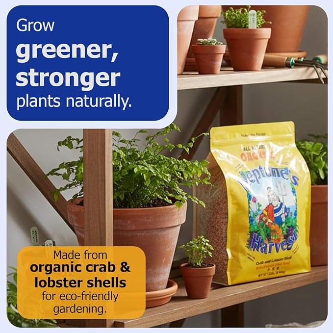Neptune’s Harvest Organic Crab &amp Lobster Shell Multi-Purpose Plant Food (5-3-0) - 12 LB Resealable Bag - Rich in Nutrients Soil Fertilizer - Plant Food for Lawns Gardens and Vegetables