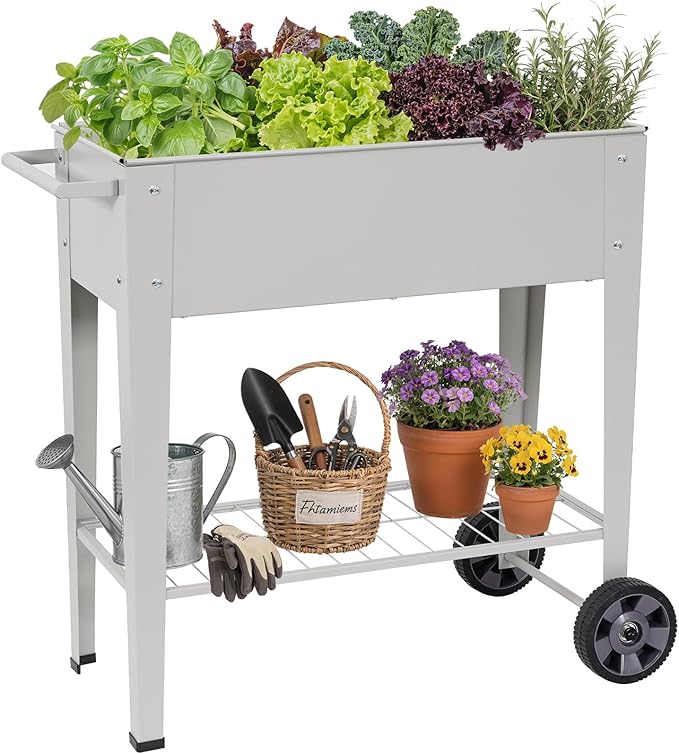 Tall Raised Garden Bed Outdoor with Wheels Metal Elevated Raised Planter Box with Drainage Holes for Vegetables Flower Herbs(Grey)
