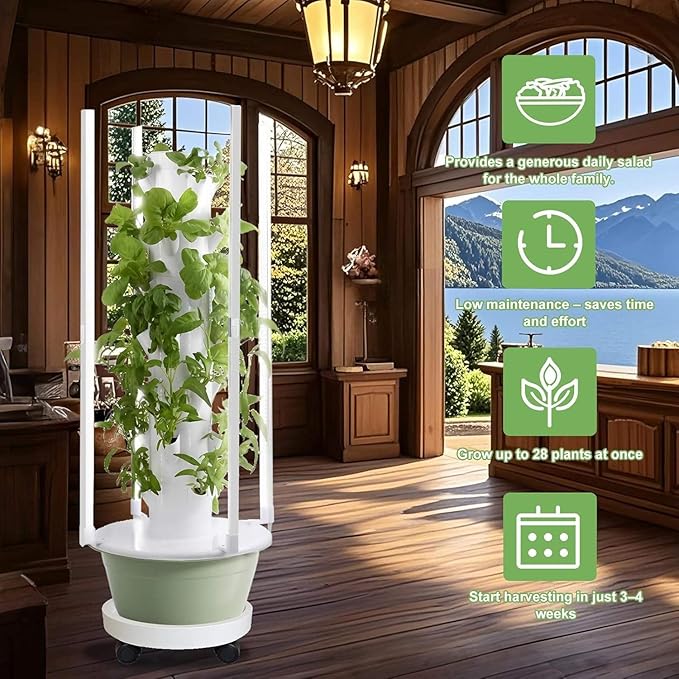 Hydroponic Growing Kit System with 4 LED Grow LightsHydroponics Tower Set 7 Layer 28 Pots Planter Vertical Hydro Tower Indoor Herb Garden Kit for Lettuce Veggies and Fresh Greens