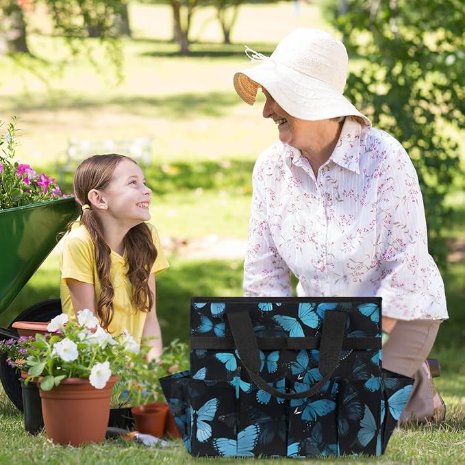 Butterfly Blue Gardening Tool BagHeavy Duty Garden Tote BagPortable Oxford Gardening Storage Basket Organizer Handbag with Pockets HandleHand Tools Gifts for Outdoor Garden Lawn Yard