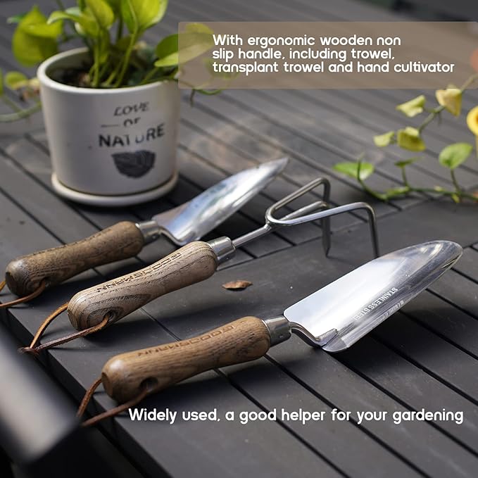 Gardening Stainless Steel Tool Set 3 Piece Includes Stainless Steel Trowel Hand Transplanter and Handheld Triple Claw Rake for Transplanting Digging Weeding Cultivating by GOODSMANN