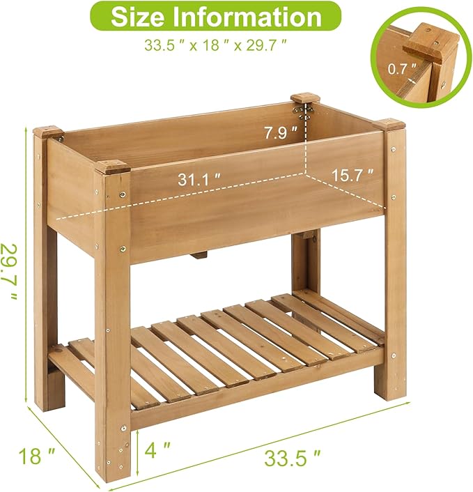 Raised Garden Bed with Legs - Elevated Wooden Planter Box Durable Fir Wood Reinforced Frame with Drainage Holes Liner and Storage Shelf for Vegetables Herbs Flowers 33.5 x 18 x 30