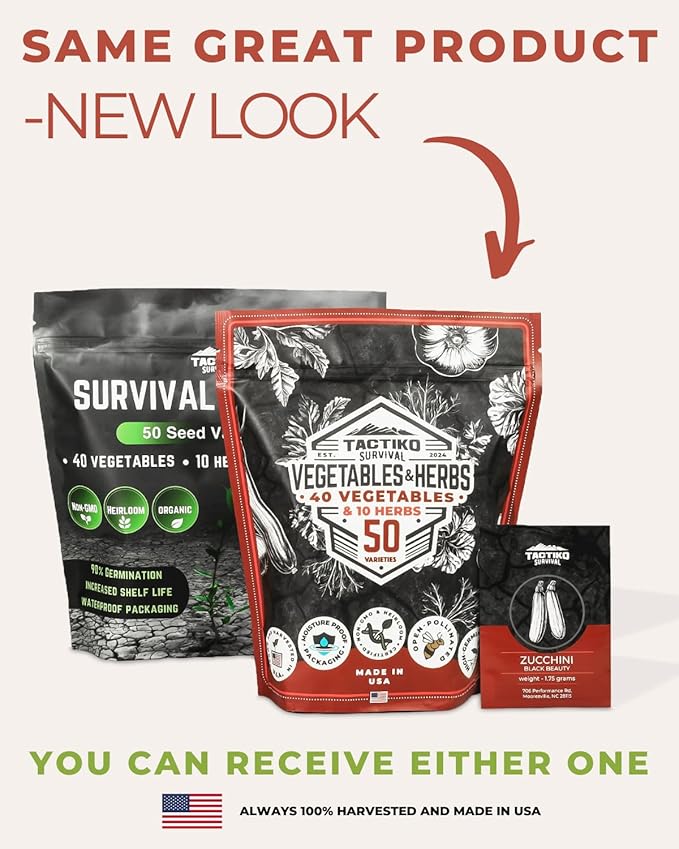 50 Tactiko Survival Vegetable Herb &amp Fruit Seed Kit - U.S.A. Harvested Varieties - Over 35000 Non-GMO Heirloom Seeds - Emergency Seed Vault in Waterproof Mylar Bag - Long-Term Storage