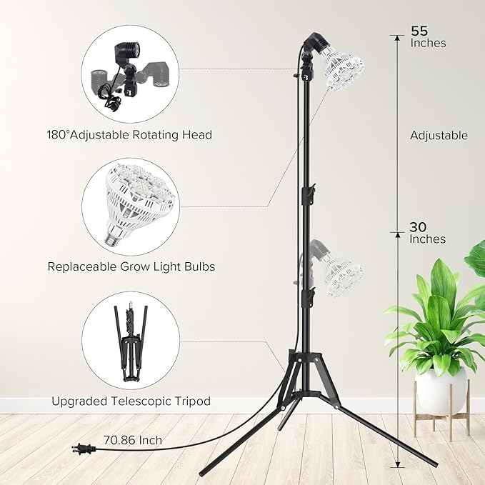 SANSI Grow Lights for Indoor Plants 4 Dimmable Levels 30W Full Spectrum Plant Lights for Indoor Growing Tripod Stand Adjustable 30-55 Plant Grow Light with Remote Control Auto Timer