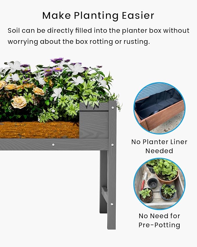 HDPE Raised Garden Bed with Legs Outdoor All-Weather Elevated Planter Box Raised Beds for Seeds Herb Flower Vegetable (Grey)
