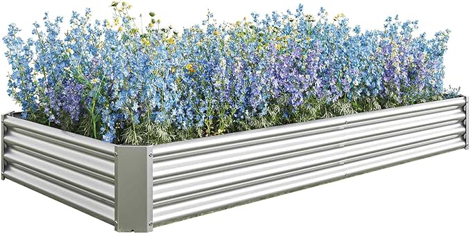 Raised Garden Beds Outdoor Rectangle Galvanized Metal Planter Box with Kit Above Ground Garden Bed for Vegetables Herbs Flowers and Plants (Silver 7.6×3.7×1)