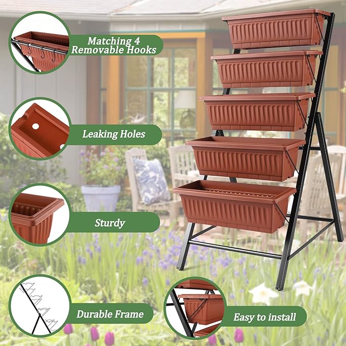 TEANDE Vertical Raised Garden Bed 5-Tier Elevated Planter Box w/Drainage System &amp 4 Hooks for Herbs Vegetables Flowers Vertical Garden Planter for Patio Yard Indoor Outdoor