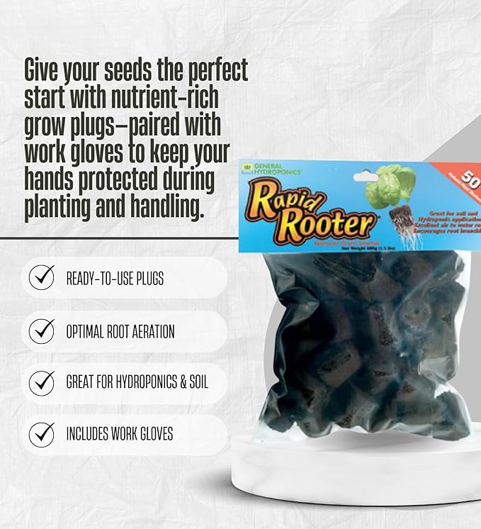 2x General Hydroponics Rapid Rooter Seed Starting Grow Plugs Bundle with Work Gloves – Supports Early Root Growth with Balanced Air-Water Plug Matrix for Cloning and Seed Starting – Gift Set (3 Items)