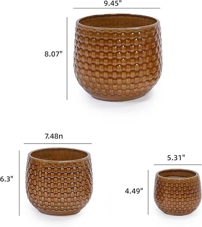 Handmade Glazed Ceramic Planter Set of 3 975 Diameter Diamond Pattern for Succulents Herbs Outdoor G Indoor StaircaseUse Breathable Clay with Drainage Holes Terracotta Brown