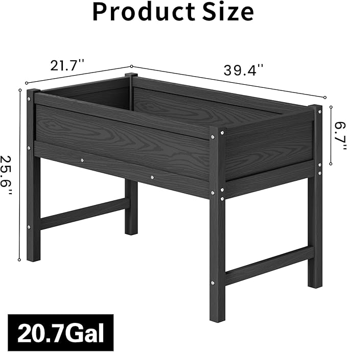 HDPE Raised Garden Planting Bed with LegsGarden Boxes Outdoor Raised with Drainage Hole Rot-ResistantRaised Beds for Gardening for Backyard Patio Balcony 300 lb Capacity (Black)
