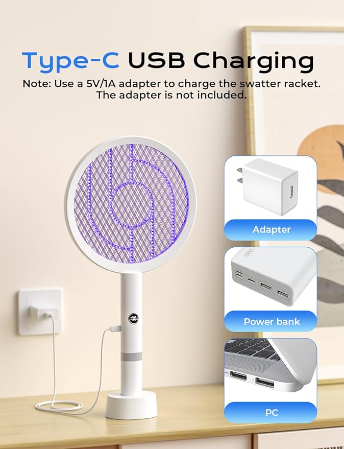 YISSVIC Electric Fly Swatter Bug Zapper Racket 4000V LED Screen Dual Modes Fly Zapper Rechargeable for Indoor Home Office Backyard Patio Camping